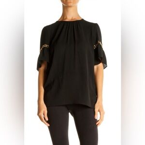 MICHAEL KORS Women's Black Studded Textured Blouse Shirt Top Size M LNC